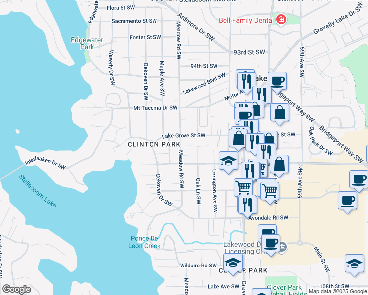 map of restaurants, bars, coffee shops, grocery stores, and more near 9819 Meadow Road Southwest in Tacoma