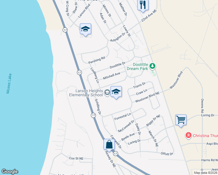 map of restaurants, bars, coffee shops, grocery stores, and more near 1234 Vandenburg Loop Northeast in Moses Lake