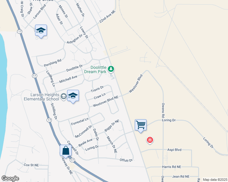 map of restaurants, bars, coffee shops, grocery stores, and more near 8901B Travis Drive in Moses Lake
