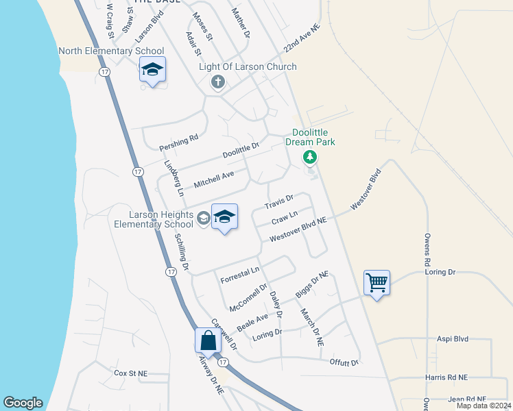 map of restaurants, bars, coffee shops, grocery stores, and more near 8918 Travis Drive in Moses Lake