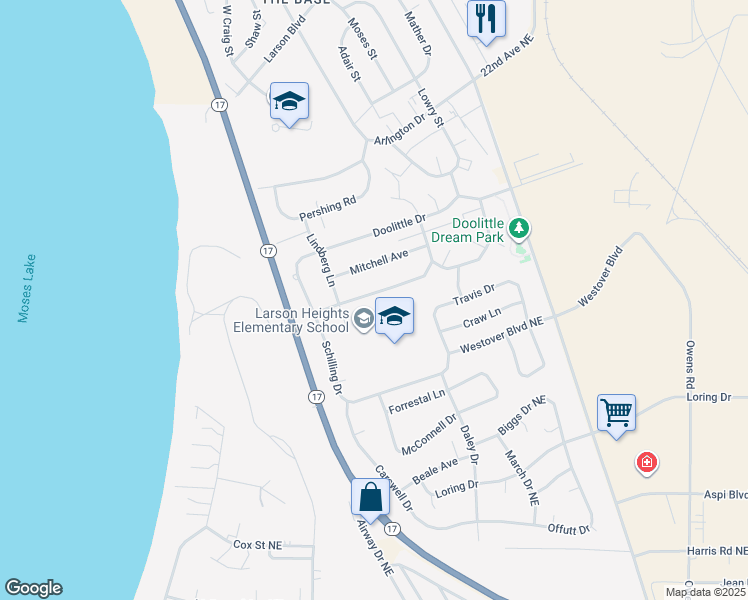 map of restaurants, bars, coffee shops, grocery stores, and more near 1234 Vandenburg Loop Northeast in Moses Lake
