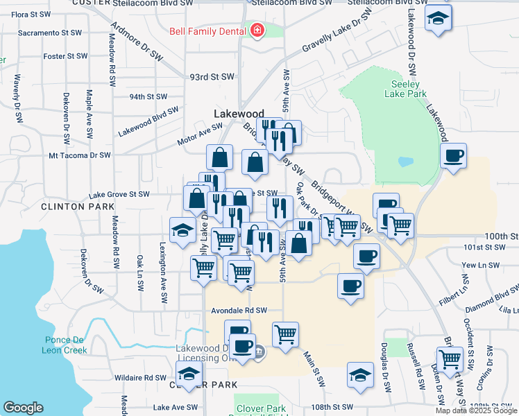 map of restaurants, bars, coffee shops, grocery stores, and more near 6001 100th Street Southwest in Lakewood