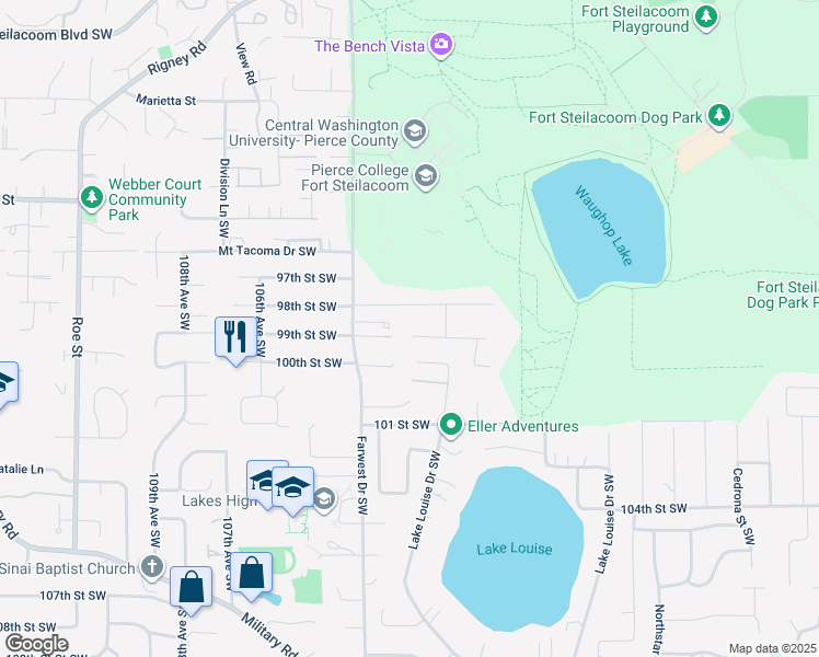 map of restaurants, bars, coffee shops, grocery stores, and more near 10024 99th Street Southwest in Tacoma
