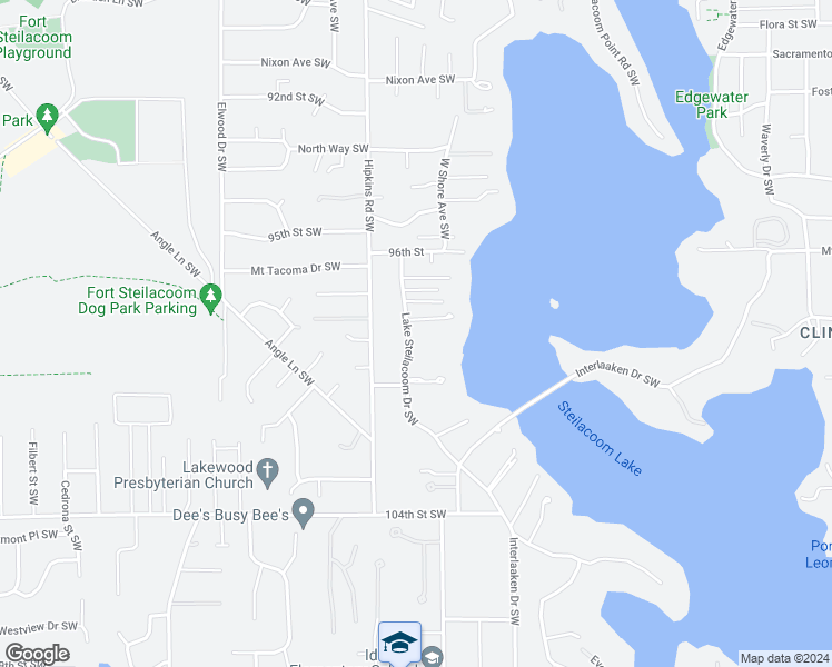 map of restaurants, bars, coffee shops, grocery stores, and more near 9817 Lake Steilacoom Drive Southwest in Lakewood