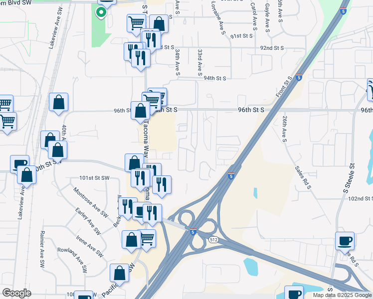 map of restaurants, bars, coffee shops, grocery stores, and more near 2505 98th Street Court South in Tacoma
