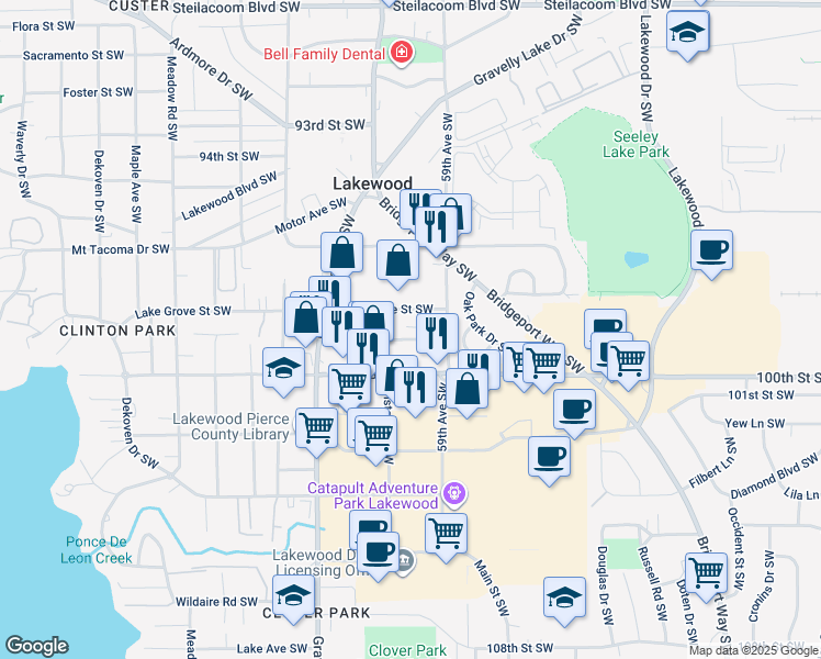 map of restaurants, bars, coffee shops, grocery stores, and more near 6001 100th Street Southwest in Lakewood