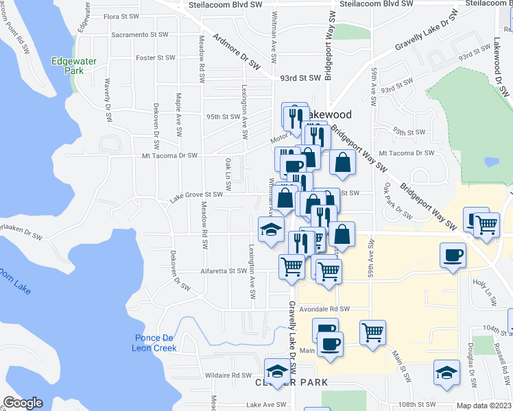 map of restaurants, bars, coffee shops, grocery stores, and more near 9901 Lexington Avenue Southwest in Lakewood