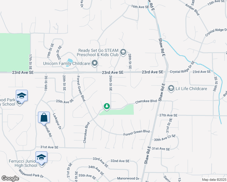 map of restaurants, bars, coffee shops, grocery stores, and more near 2605 26th Avenue Southeast in Puyallup