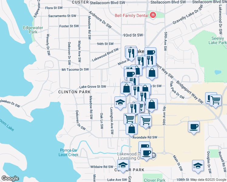 map of restaurants, bars, coffee shops, grocery stores, and more near 6412 Lake Grove Street Southwest in Tacoma