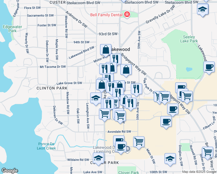 map of restaurants, bars, coffee shops, grocery stores, and more near 9901 Gravelly Lake Drive Southwest in Tacoma