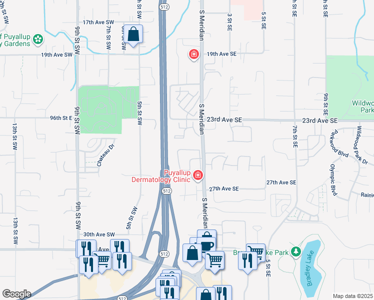 map of restaurants, bars, coffee shops, grocery stores, and more near 2580 South Meridian in Puyallup