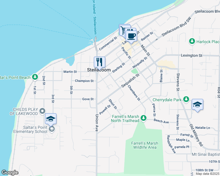 map of restaurants, bars, coffee shops, grocery stores, and more near 1115 Sequalish Street in Steilacoom