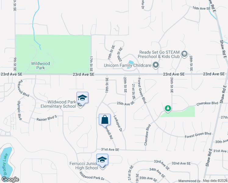 map of restaurants, bars, coffee shops, grocery stores, and more near 2410 19th Street Place Southeast in Puyallup
