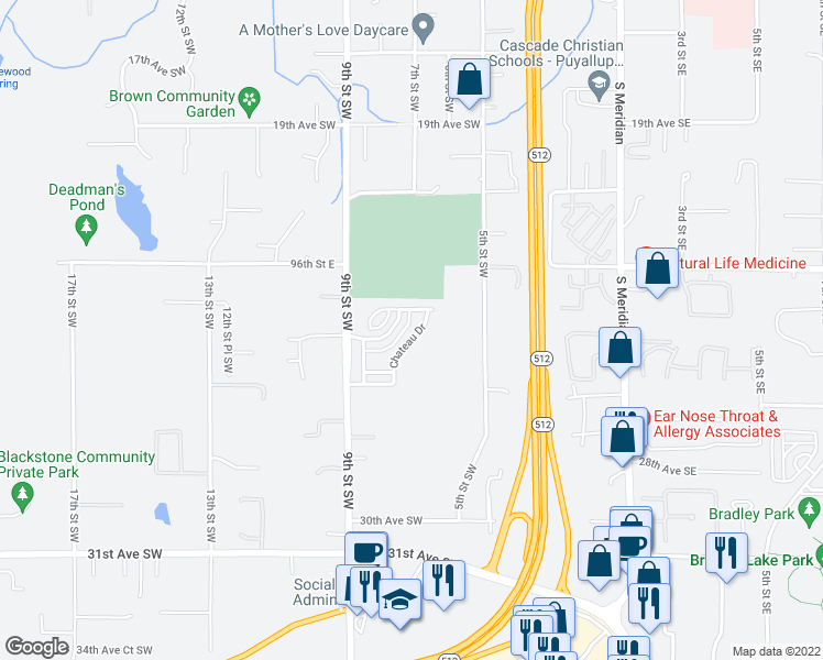 map of restaurants, bars, coffee shops, grocery stores, and more near 2427 Chateau Drive in Puyallup
