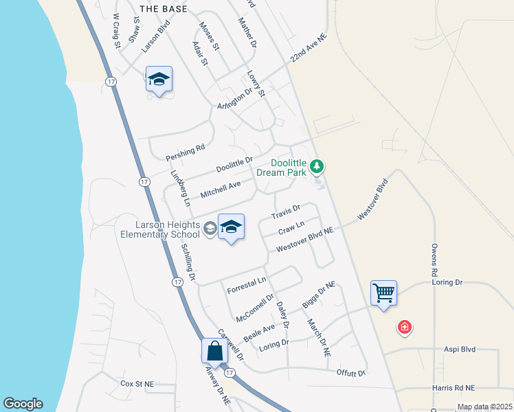 map of restaurants, bars, coffee shops, grocery stores, and more near 1204 Vandenburg Loop Northeast in Moses Lake