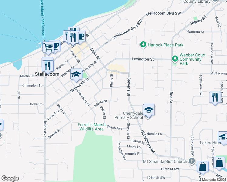 map of restaurants, bars, coffee shops, grocery stores, and more near 1003 Blaine Street in Steilacoom
