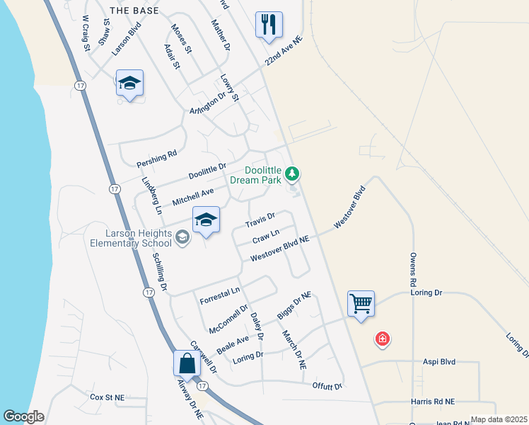 map of restaurants, bars, coffee shops, grocery stores, and more near 8913 Travis Drive in Moses Lake