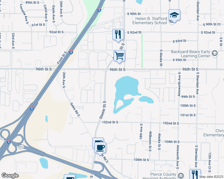 map of restaurants, bars, coffee shops, grocery stores, and more near 9723 Steele Street South in Tacoma