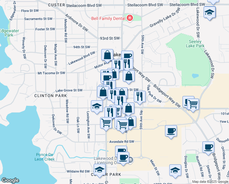 map of restaurants, bars, coffee shops, grocery stores, and more near 9901 Gravelly Lake Drive Southwest in Tacoma