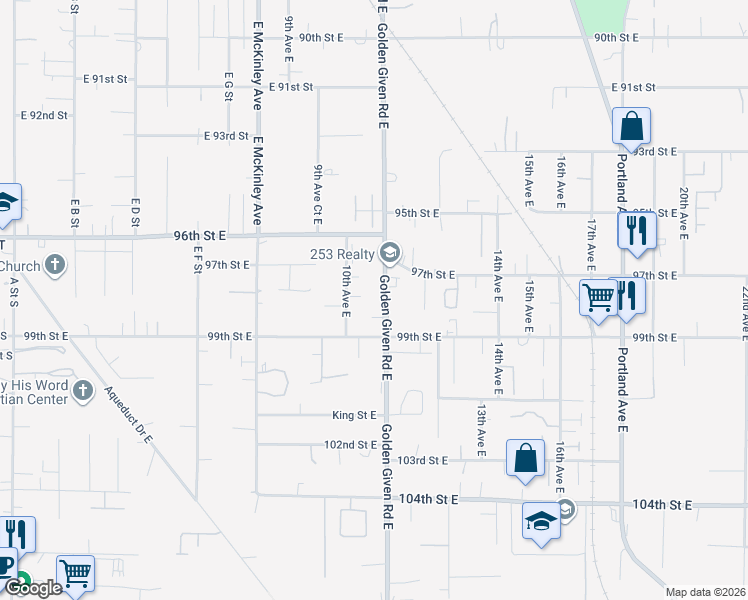 map of restaurants, bars, coffee shops, grocery stores, and more near 1015 99th Street East in Tacoma