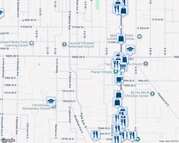 map of restaurants, bars, coffee shops, grocery stores, and more near 613 98th Street South in Tacoma