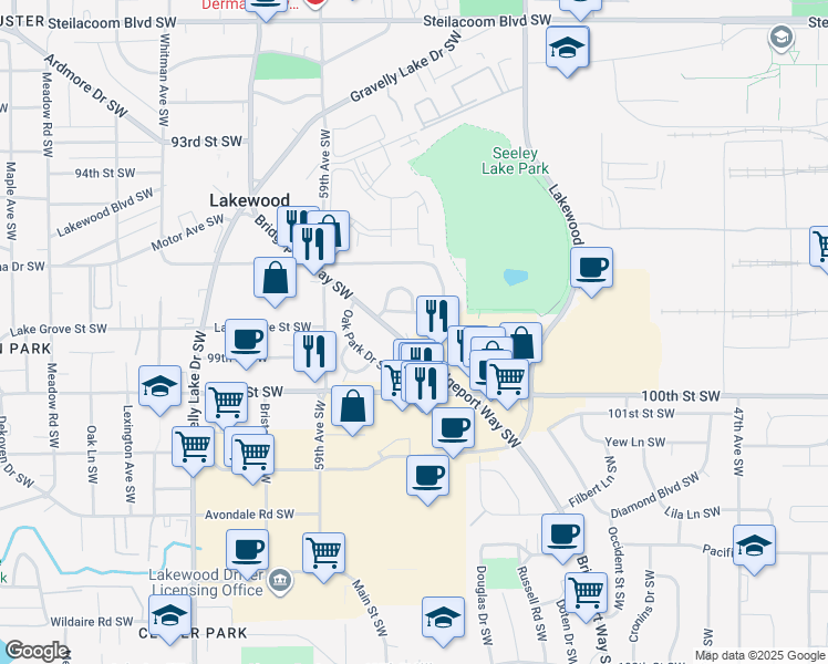 map of restaurants, bars, coffee shops, grocery stores, and more near 5613 Seeley Lake Drive Southwest in Lakewood