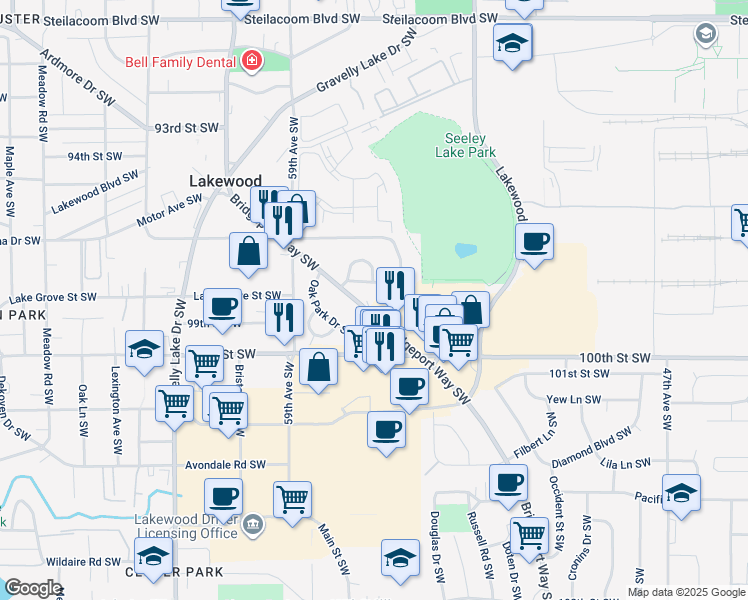 map of restaurants, bars, coffee shops, grocery stores, and more near 5613 Seeley Lake Drive Southwest in Lakewood