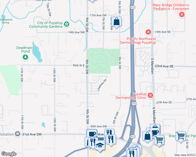 map of restaurants, bars, coffee shops, grocery stores, and more near 713 24th Avenue Southwest in Puyallup