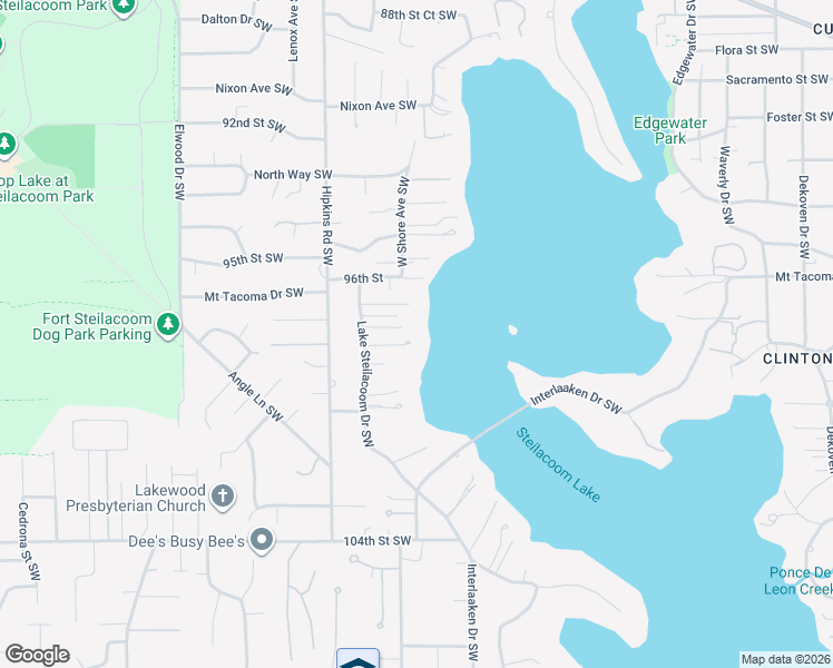 map of restaurants, bars, coffee shops, grocery stores, and more near 9705 Lake Steilacoom Drive Southwest in Tacoma