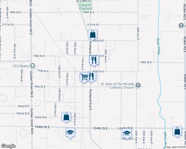 map of restaurants, bars, coffee shops, grocery stores, and more near 9702 19th Avenue East in Tacoma