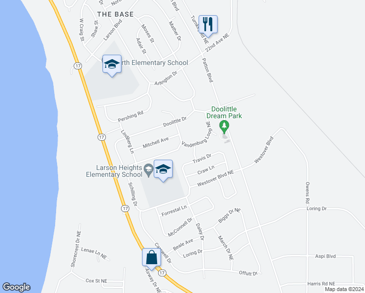 map of restaurants, bars, coffee shops, grocery stores, and more near 1200 Vandenburg Loop in Moses Lake