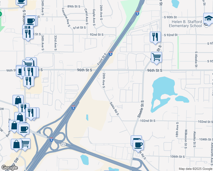 map of restaurants, bars, coffee shops, grocery stores, and more near 9613 Sales Road South in Tacoma