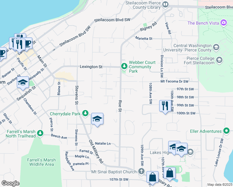 map of restaurants, bars, coffee shops, grocery stores, and more near 723 Shannon Street in Steilacoom