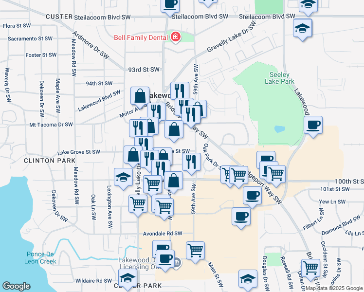 map of restaurants, bars, coffee shops, grocery stores, and more near 5921 Lake Grove Street Southwest in Lakewood