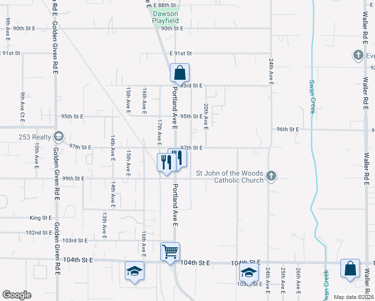 map of restaurants, bars, coffee shops, grocery stores, and more near 9702 19th Avenue East in Tacoma
