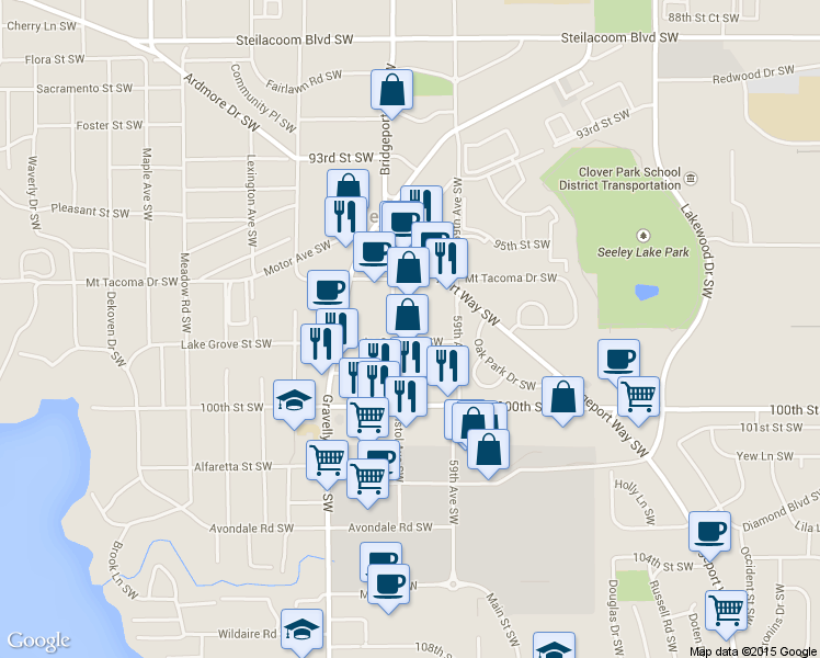 map of restaurants, bars, coffee shops, grocery stores, and more near 6008 Mount Tacoma Drive Southwest in Lakewood
