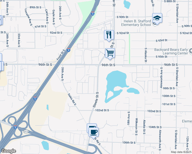 map of restaurants, bars, coffee shops, grocery stores, and more near 2115 97th Street Court South in Tacoma