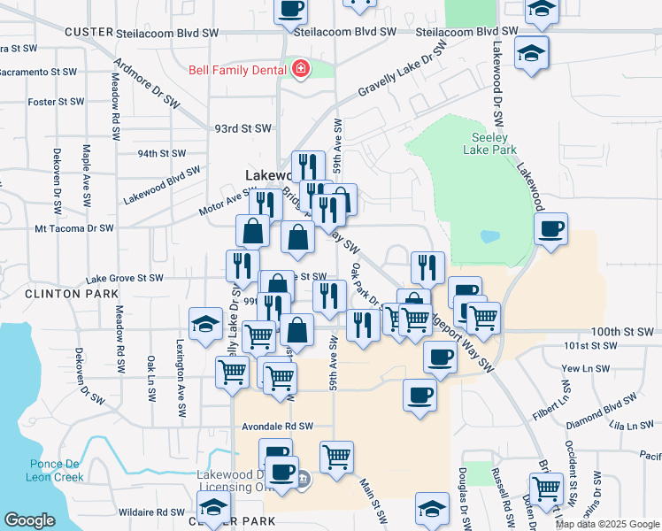 map of restaurants, bars, coffee shops, grocery stores, and more near in Lakewood