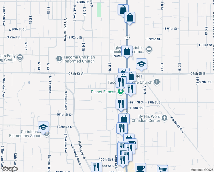 map of restaurants, bars, coffee shops, grocery stores, and more near 9713 Patterson Street South in Tacoma