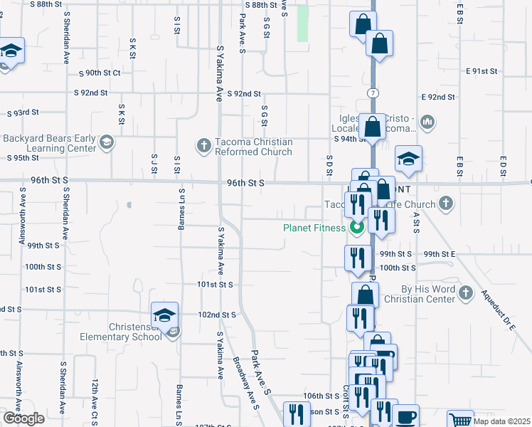 map of restaurants, bars, coffee shops, grocery stores, and more near 613 98th Street South in Tacoma