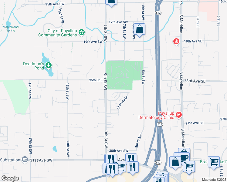 map of restaurants, bars, coffee shops, grocery stores, and more near 713 24th Avenue Southwest in Puyallup