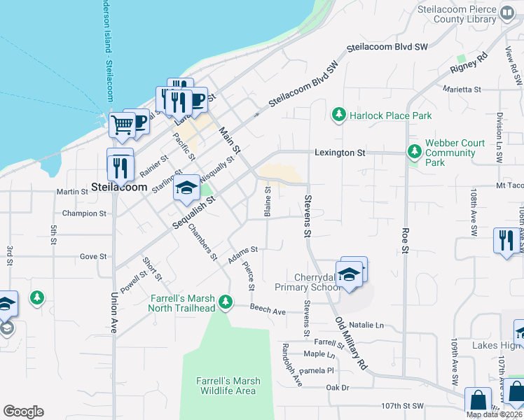 map of restaurants, bars, coffee shops, grocery stores, and more near 721 Blaine Street in Steilacoom