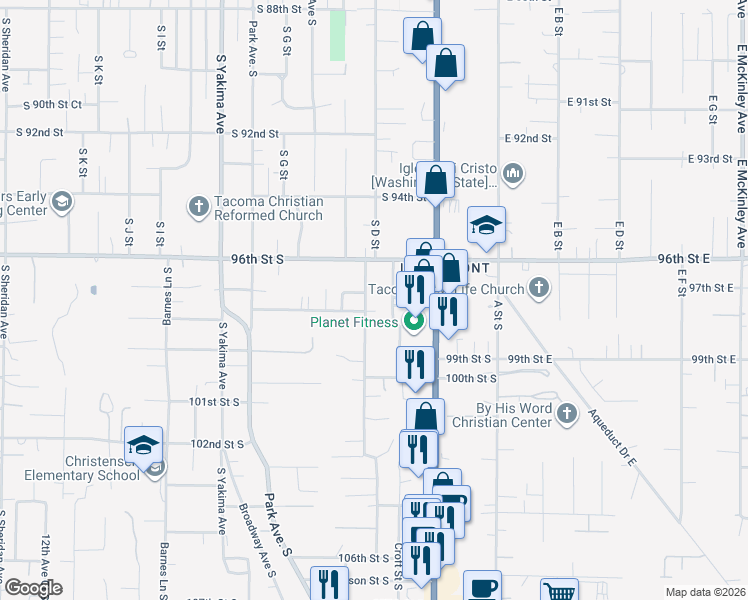 map of restaurants, bars, coffee shops, grocery stores, and more near 9711 Patterson Street South in Tacoma