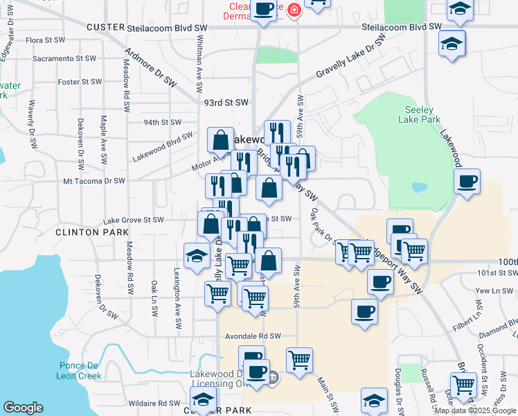 map of restaurants, bars, coffee shops, grocery stores, and more near 6019 Lake Grove Street Southwest in Lakewood