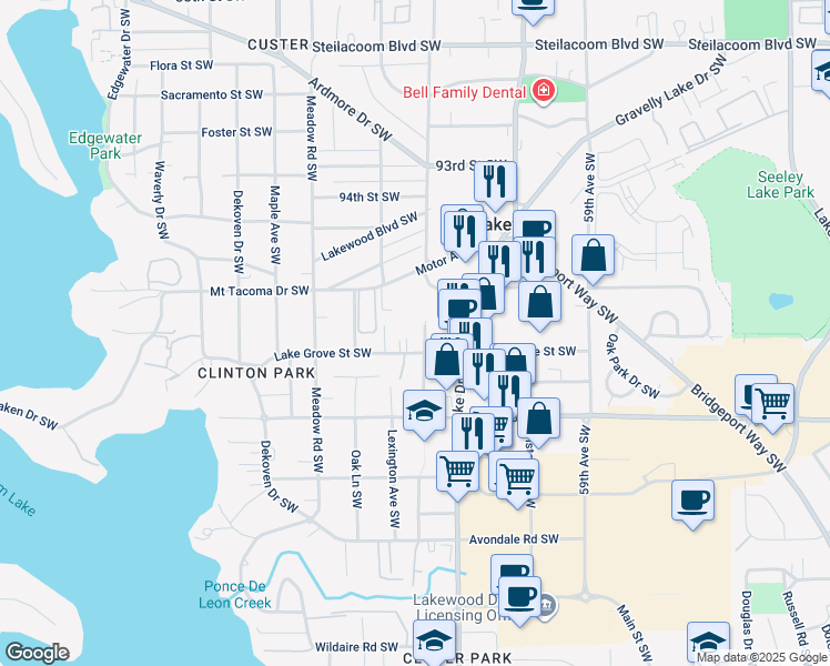 map of restaurants, bars, coffee shops, grocery stores, and more near 6425 Lake Grove Street Southwest in Tacoma