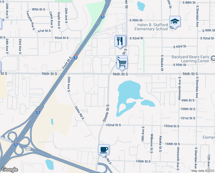 map of restaurants, bars, coffee shops, grocery stores, and more near 2115 97th Street Court South in Tacoma