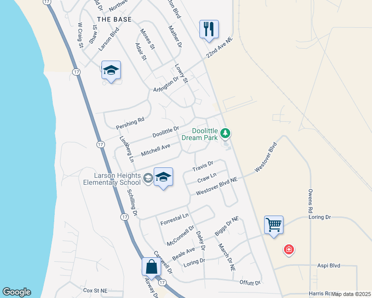 map of restaurants, bars, coffee shops, grocery stores, and more near 1111 Vandenburg Loop Northeast in Moses Lake