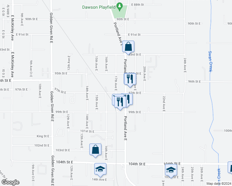 map of restaurants, bars, coffee shops, grocery stores, and more near 1700 97th Street East in Tacoma