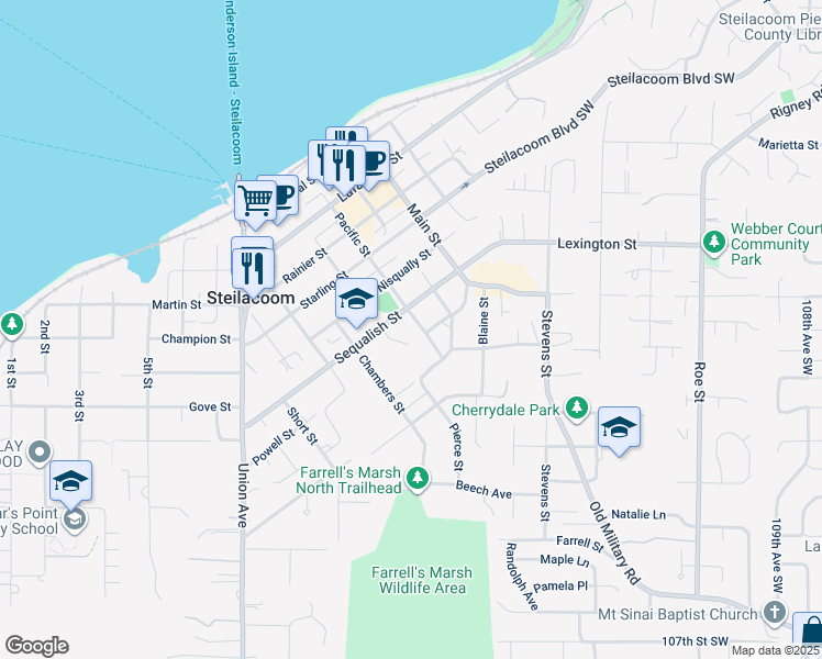 map of restaurants, bars, coffee shops, grocery stores, and more near 610 Pacific St in Steilacoom