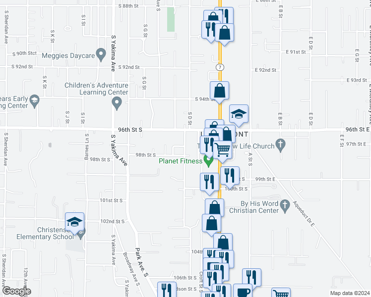 map of restaurants, bars, coffee shops, grocery stores, and more near 9709 Patterson Street South in Tacoma